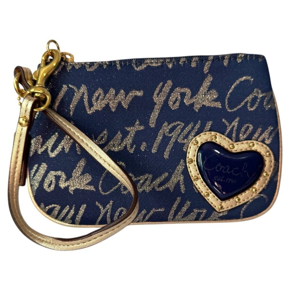 Coach New York Script Navy With Gold Heart & Gold‎ Leather Trim Wristlet